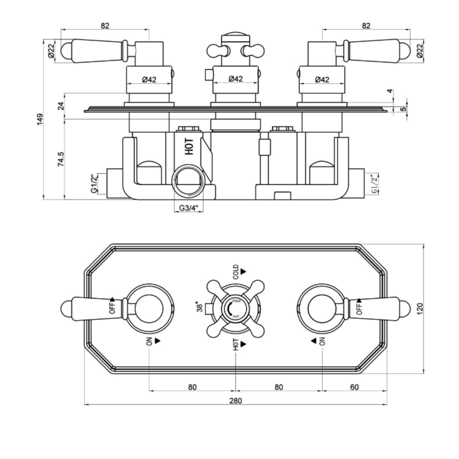 Chrome 2 Outlet  Ceiling Mounted Thermostatic Mixer Shower Set with Hand Shower - Cambridge