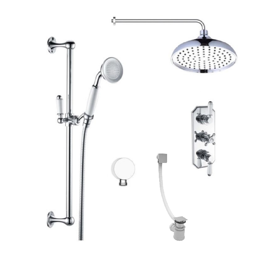 Traditional Three Handle Concealed Thermostatic Mixer Shower with Wall Mounted Shower Head Handset & Bath Filler - Cambridge