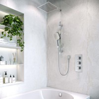 Chrome Dual Outlet Wall Mounted Thermostatic Mixer Shower  with Hand Shower & Overflow Bath Filler - Cube Chrome Dual Outlet Wall Mounted Thermostatic Mixer Shower  with Hand Shower & Overflow Bath Filler - Cube