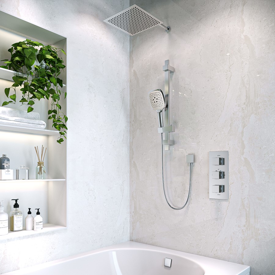 Chrome Dual Outlet Wall Mounted Thermostatic Mixer Shower  with Hand Shower & Overflow Bath Filler - Cube