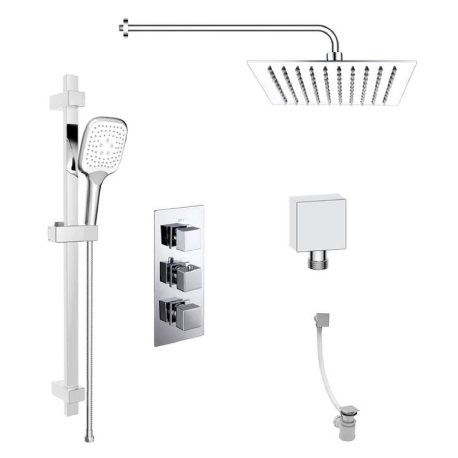 Chrome Dual Outlet Wall Mounted Thermostatic Mixer Shower  with Hand Shower & Overflow Bath Filler - Cube