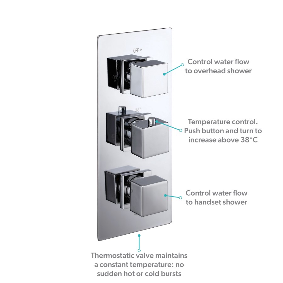 Chrome Dual Outlet Wall Mounted Thermostatic Mixer Shower  with Hand Shower & Overflow Bath Filler - Cube