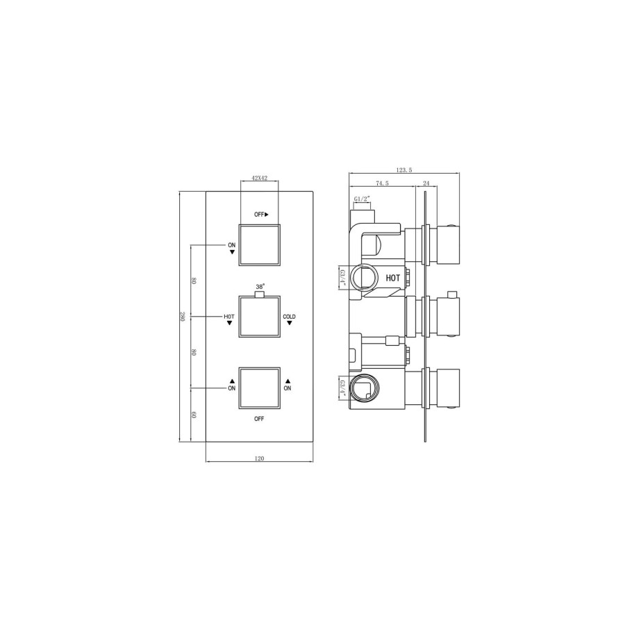 Chrome Dual Outlet Wall Mounted Thermostatic Mixer Shower  with Hand Shower & Overflow Bath Filler - Cube