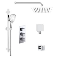 Chrome Concealed Shower Mixer with Triple Control & Square Wall Mounted Head, Handset and Body Jets - Cube Chrome Concealed Shower Mixer with Triple Control & Square Wall Mounted Head, Handset and Body Jets - Cube