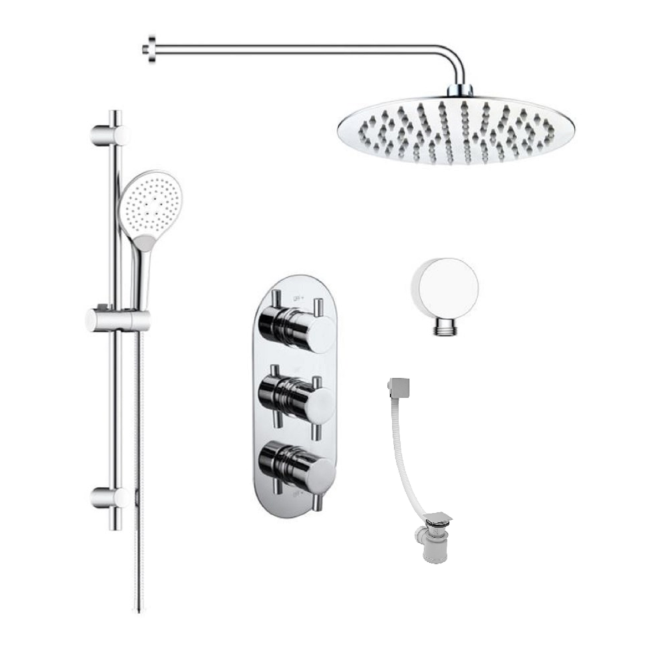 Chrome Concealed Shower Mixer with Triple Control & Square Wall Mounted Head, Handset and Bath Filler - Flow
