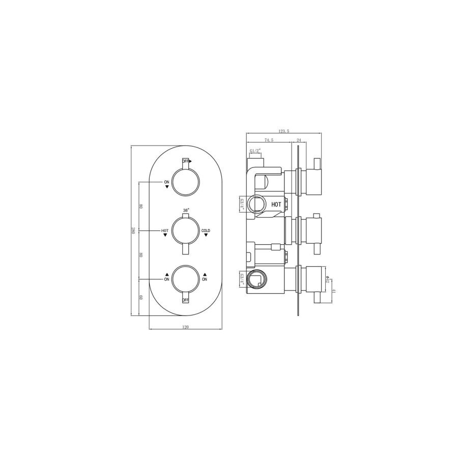 Chrome Concealed Shower Mixer with Triple Control & Square Wall Mounted Head, Handset and Body Jets - Flow
