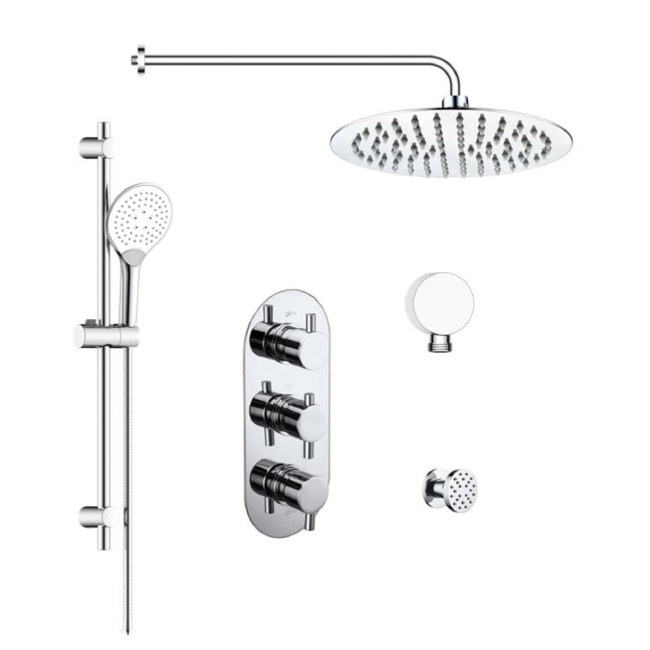 Chrome Concealed Shower Mixer with Triple Control & Square Wall Mounted Head, Handset and Body Jets - Flow