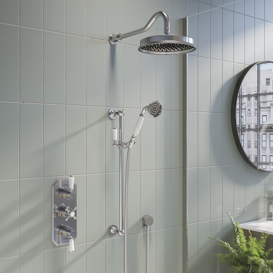 Chrome Concealed Traditional Shower Mixer with Dual Control & Round Wall Mounted Head and Handset - Cambridge