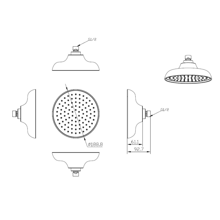 Traditional Three Handle Concealed Thermostatic Mixer Shower with Wall Mounted Shower Head Handset & Bath Filler - Cambridge