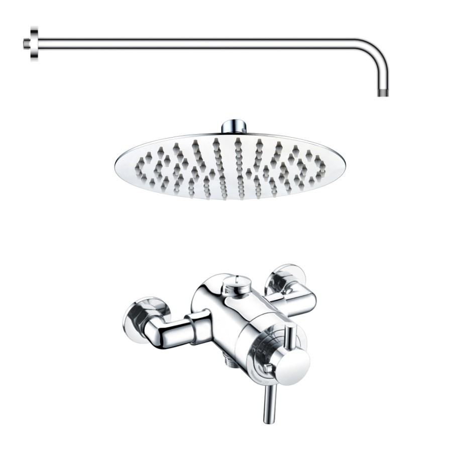 Chrome Thermostatic Exposed  Mixer Shower with Round Wall Mounted Shower Head - Volta