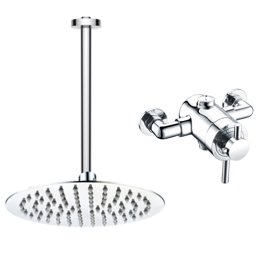 Chrome Thermostatic Exposed Mixer Shower with Round Ceiling Mounted Shower Head- Volta