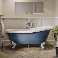Blue Freestanding Single Ended Roll Top Slipper Bath with White Feet 1615 x 690mm - Baxenden Blue Freestanding Single Ended Roll Top Slipper Bath with White Feet 1615 x 690mm - Baxenden