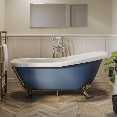 Blue Freestanding Single Ended Roll Top Slipper Bath with Brushed Brass Feet 1615 x 690mm - Baxenden