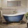 Blue Freestanding Single Ended Roll Top Slipper Bath with Brushed Brass Feet 1615 x 690mm - Baxenden