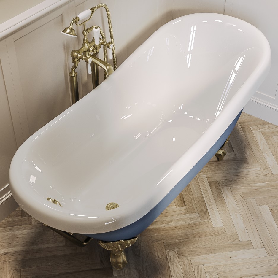 Blue Freestanding Roll Top Slipper Bath with Brass Feet 1615 x 690mm
