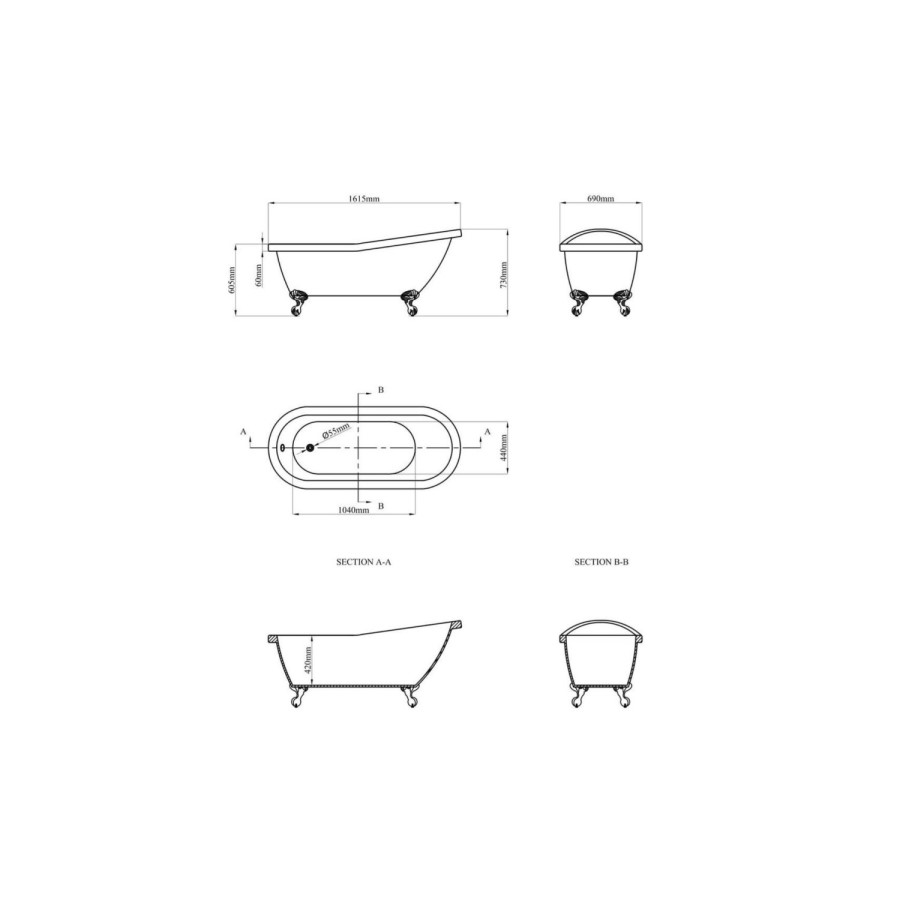 Blue Freestanding Single Ended Roll Top Slipper Bath with Brushed Brass Feet 1615 x 690mm - Baxenden