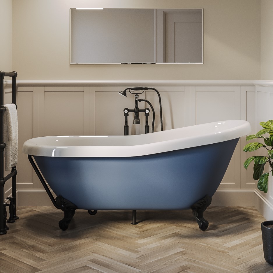 Freestanding Roll Top Slipper Bath Blue with Black Feet 1615 x 690mm