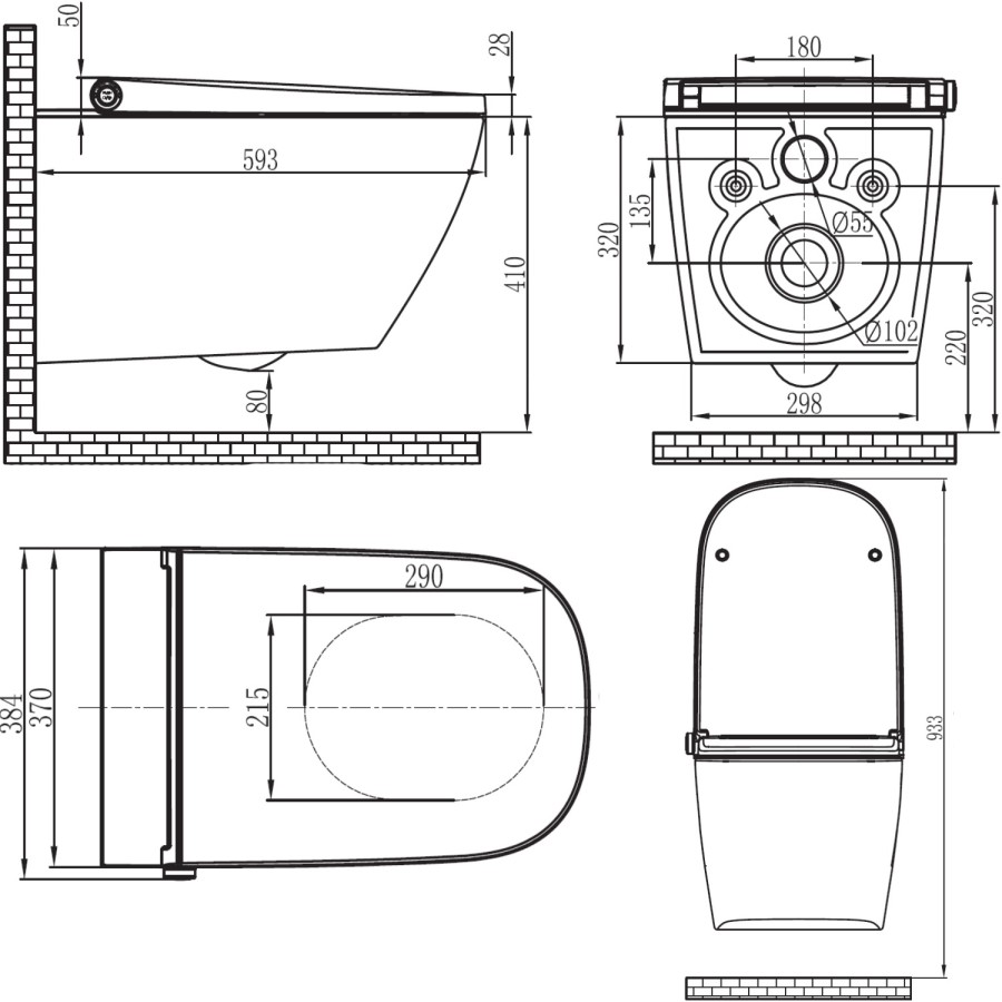 Wall Hung Smart Bidet Toilet Square with Frame Cistern and Chrome Flush Plate - Purificare