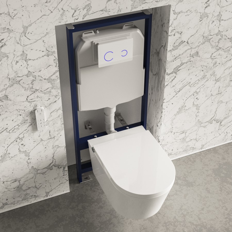 Wall Hung Smart Bidet Japanese Toilet with 1160mm Frame Cistern and White Sensor Flush Plate - Purificare