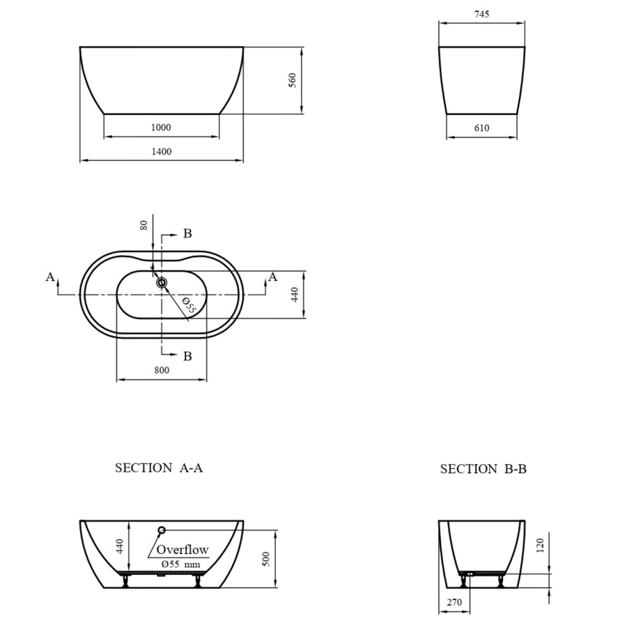 GRADE A3 - 1400 x 750 Double Ended Freestanding Bath - Lisbon Range