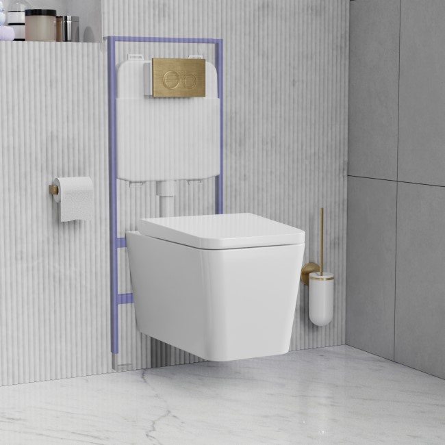 Wall Hung Toilet with Soft Close Seat Cistern Frame and Brass Flush - Evan
