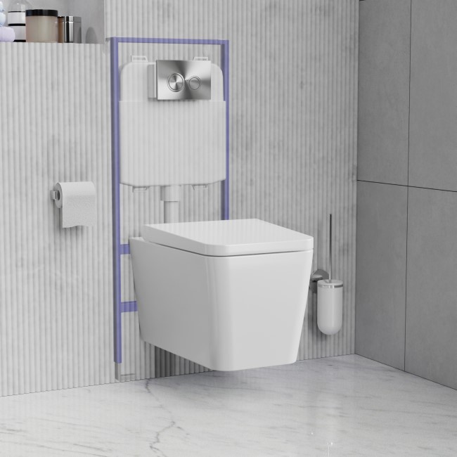 Wall Hung Toilet with Soft Close Seat Cistern Frame and Chrome Flush - Evan