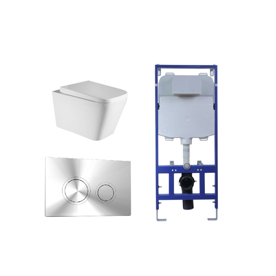 Wall Hung Toilet with Soft Close Seat Cistern Frame and Chrome Flush - Evan