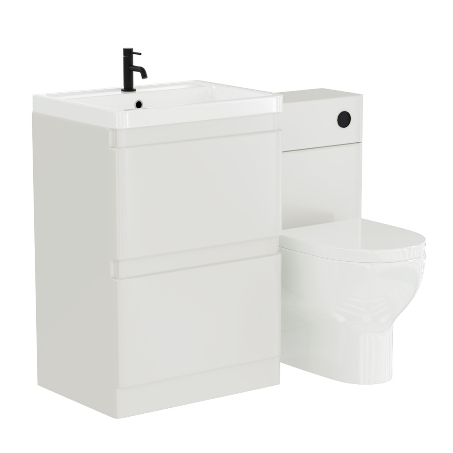 1100mm White Toilet and Sink Unit with Round Toilet and Black Flush - Portland