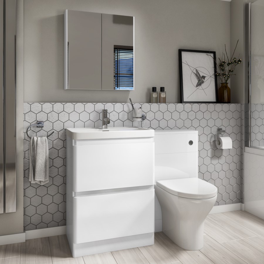 1100mm White Toilet and Sink Unit with Round Toilet and Chrome Flush - Portland