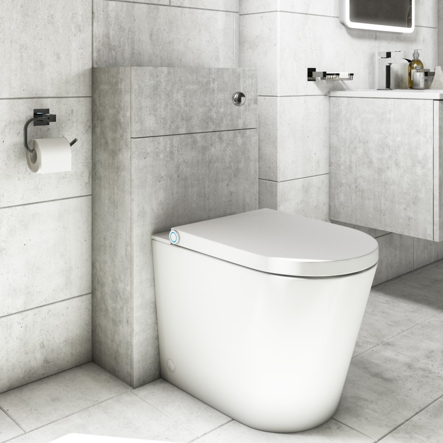 500m Concrete Effect Back to Wall Unit with Smart Bidet Toilet Round and Cistern - Sion