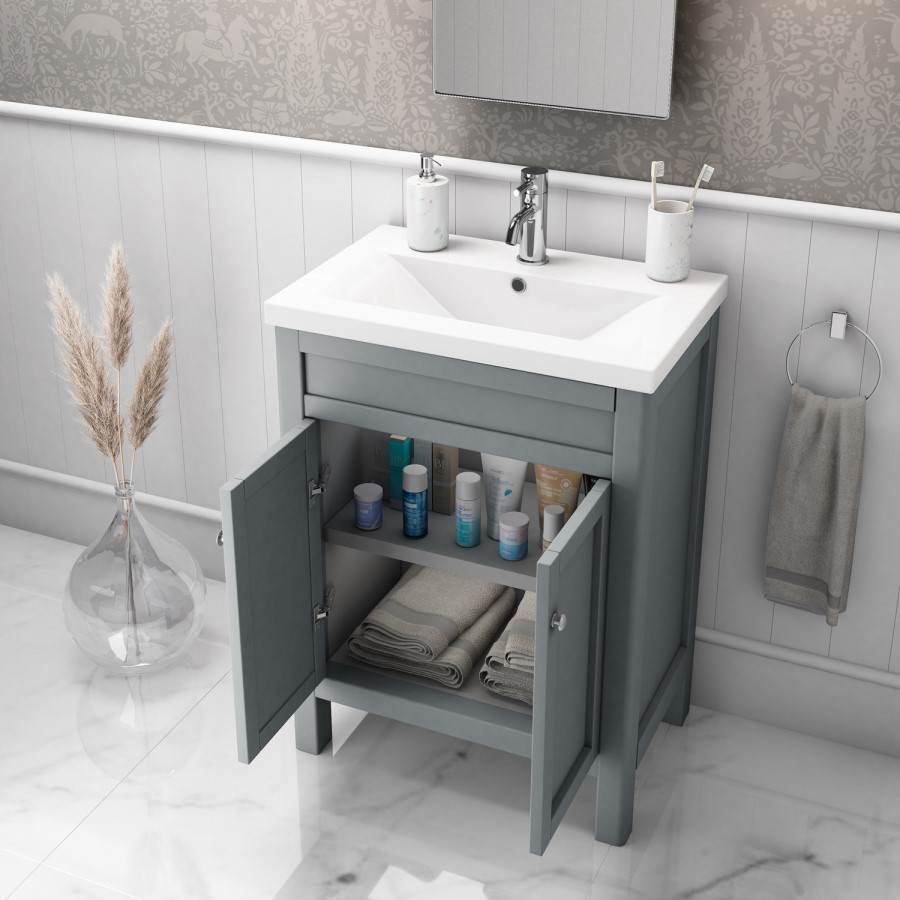 GRADE A1 - 600mm Grey Freestanding Vanity Unit with Sink - Avebury
