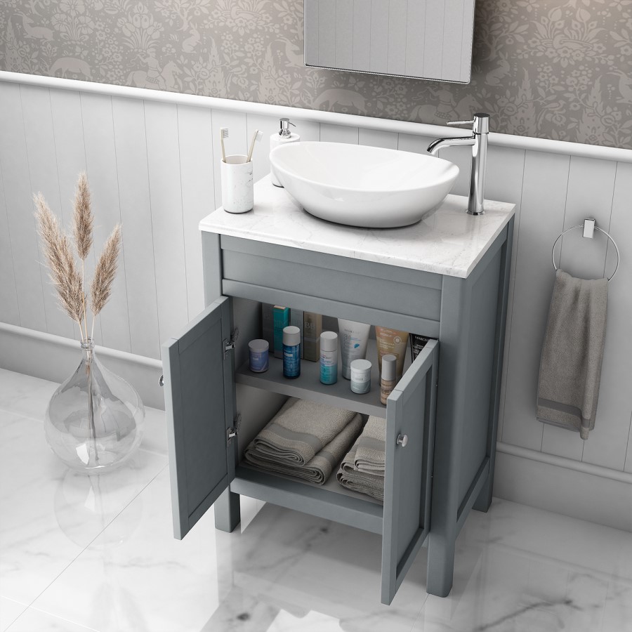 Grade A1 - 600mm Grey Freestanding Countertop Vanity Unit with Basin - Avebury