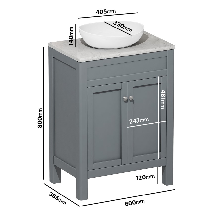 Grade A1 - 600mm Grey Freestanding Countertop Vanity Unit with Basin - Avebury