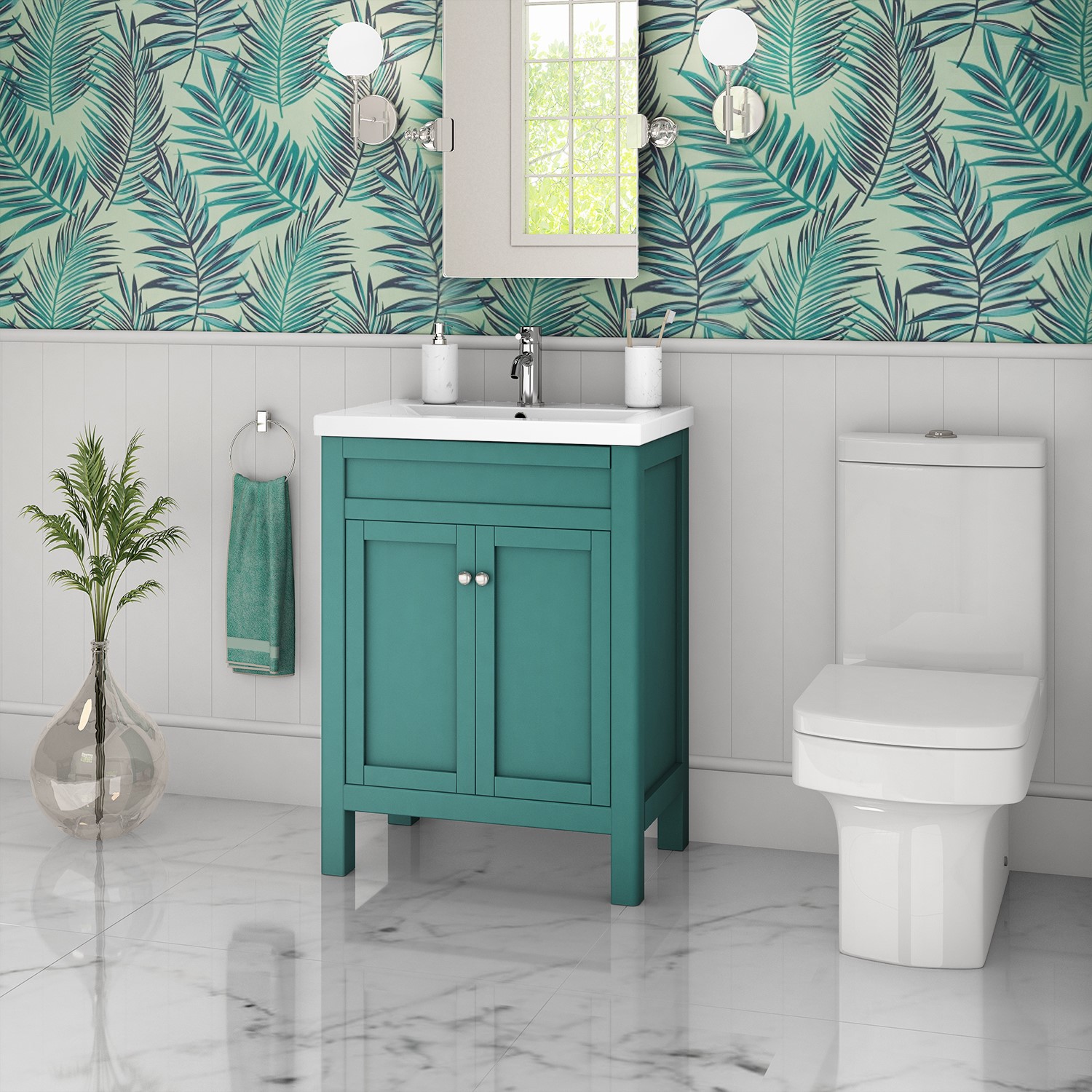 600mm Green Freestanding Vanity Unit and Ashford Close Coupled Suite
