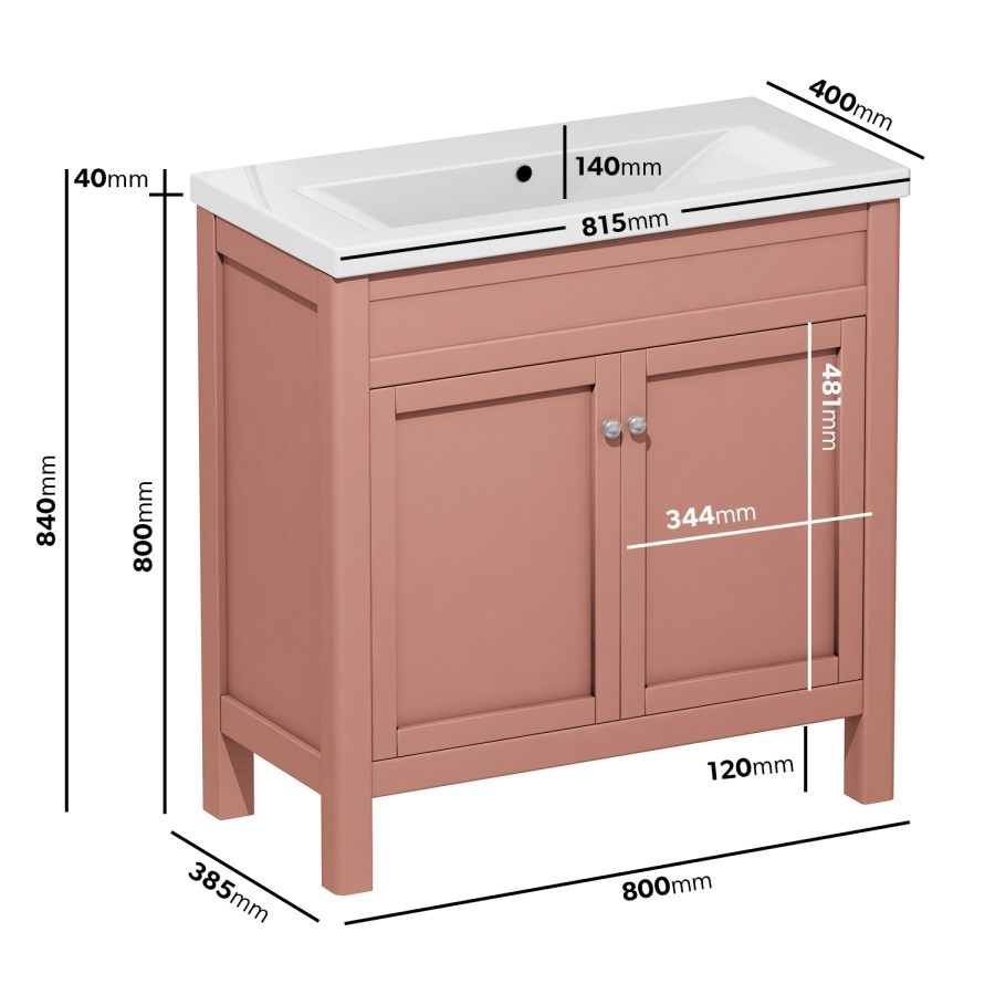 800mm Salmon Pink Freestanding Vanity Unit and Ashford Close Coupled Suite - Avebury