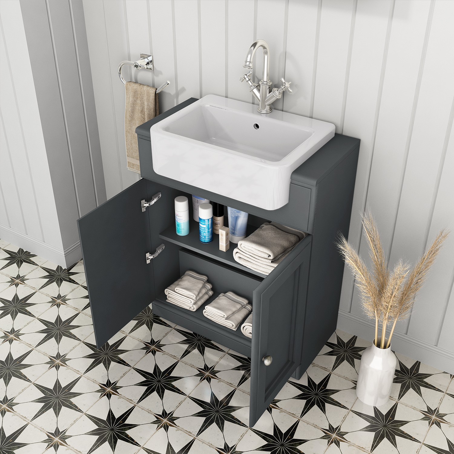 GRADE A1 670mm Dark Grey Freestanding Vanity Unit with Basin