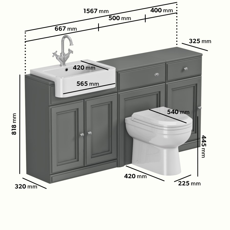 1600mm Dark Grey Toilet and Sink Unit with Traditional Toilet and Storage Unit - Westbury
