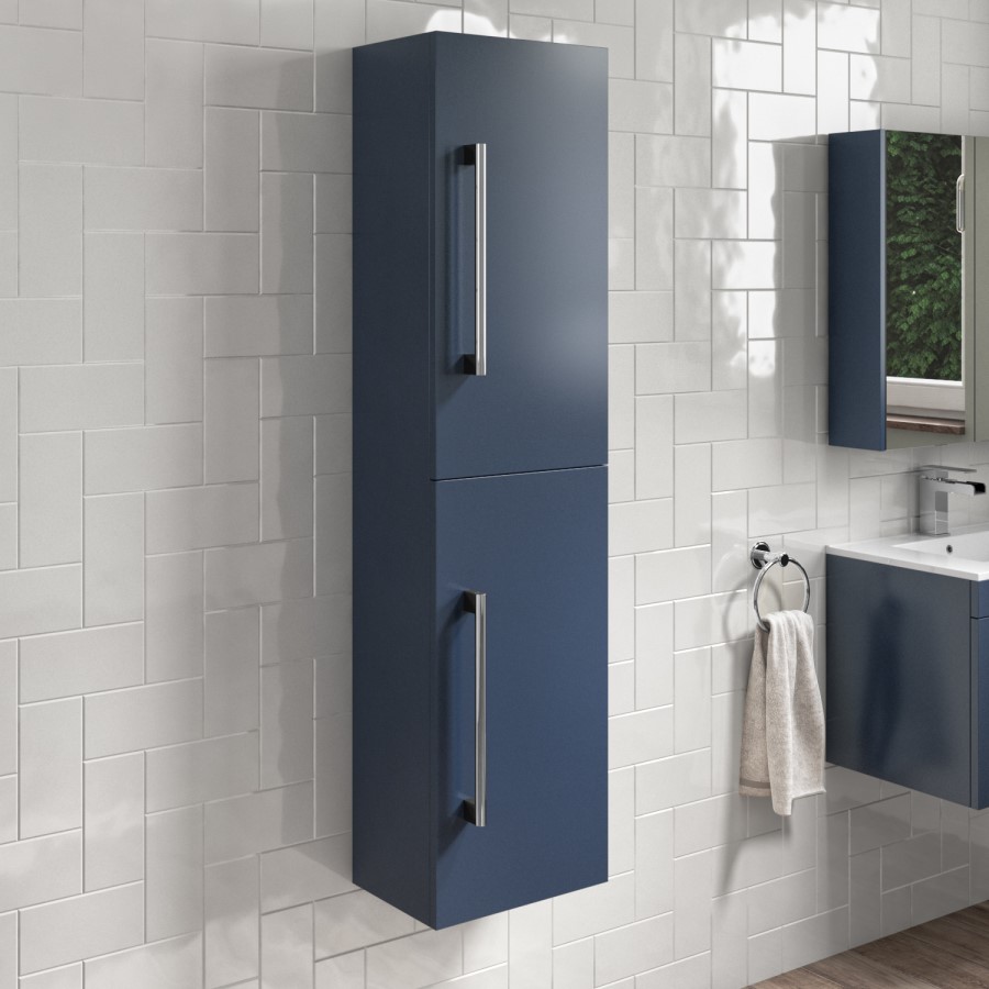 ALMOST PERFECT - Double Door Blue Wall Mounted Tall Bathroom Cabinet with Chrome Handles 350 x 1400mm - Ashford
