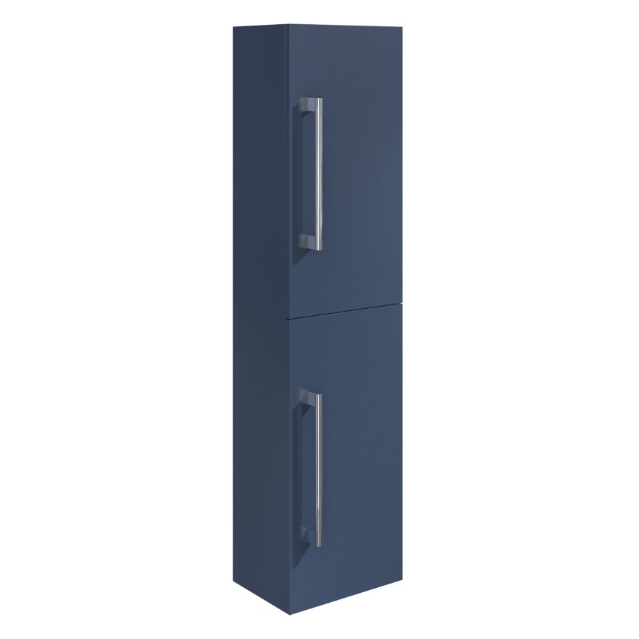 ONLY OPENED - Double Door Blue Wall Mounted Tall Bathroom Cabinet with Chrome Handles 350 x 1400mm - Ashford