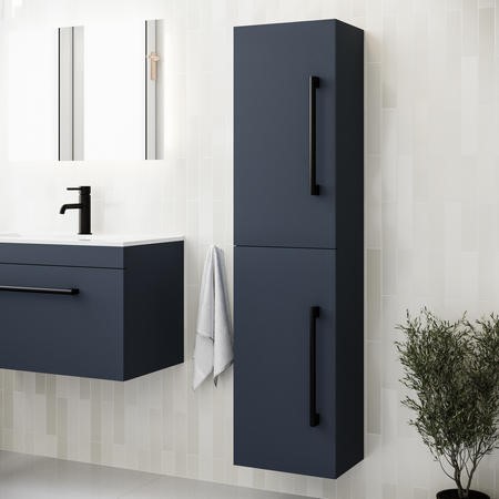 Double Door Blue Wall Mounted Tall Bathroom Cabinet with Black Handles ...