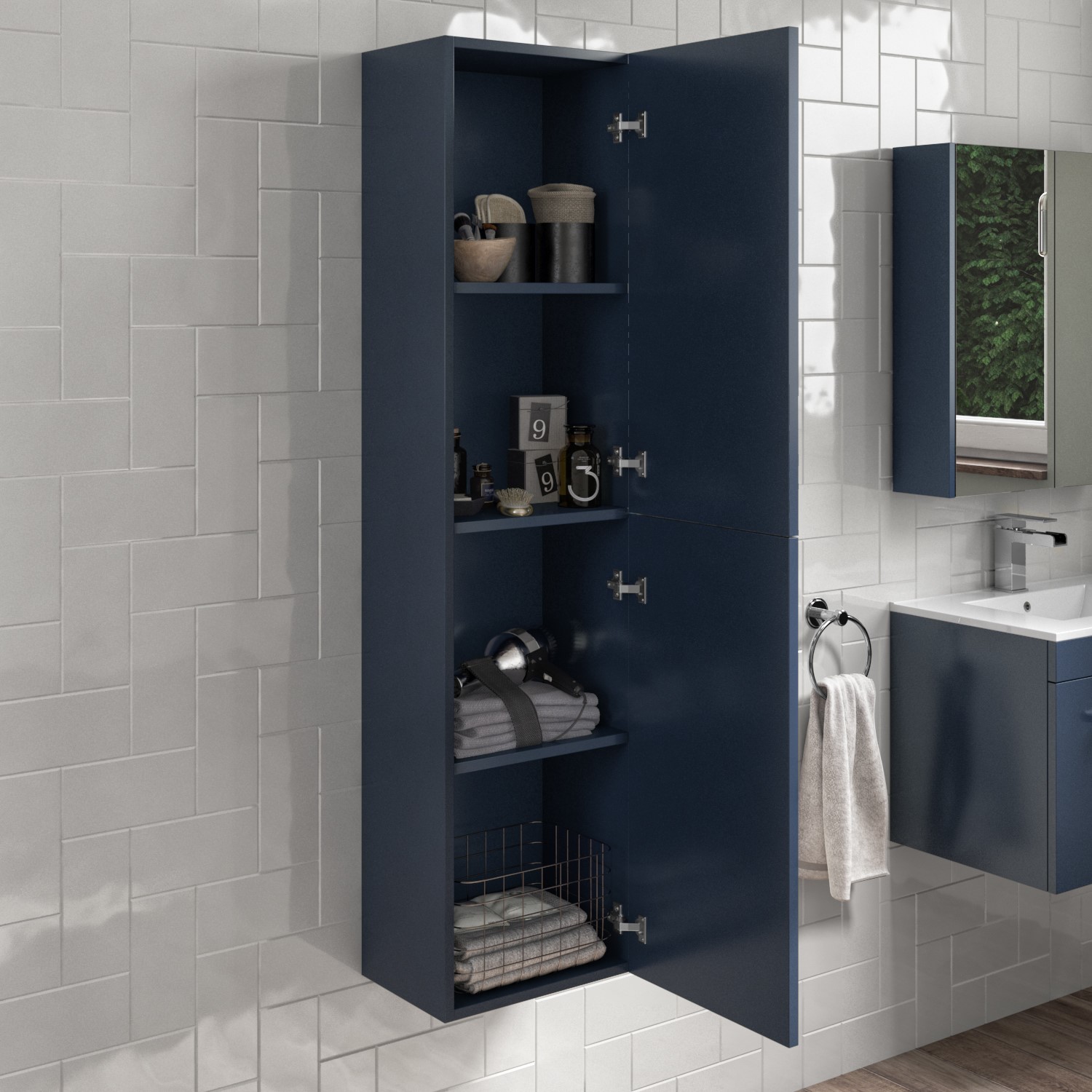 Double Door Blue Wall Mounted Tall Bathroom Cabinet With Chrome Handles 350 X 1400mm Ashford Better Bathrooms