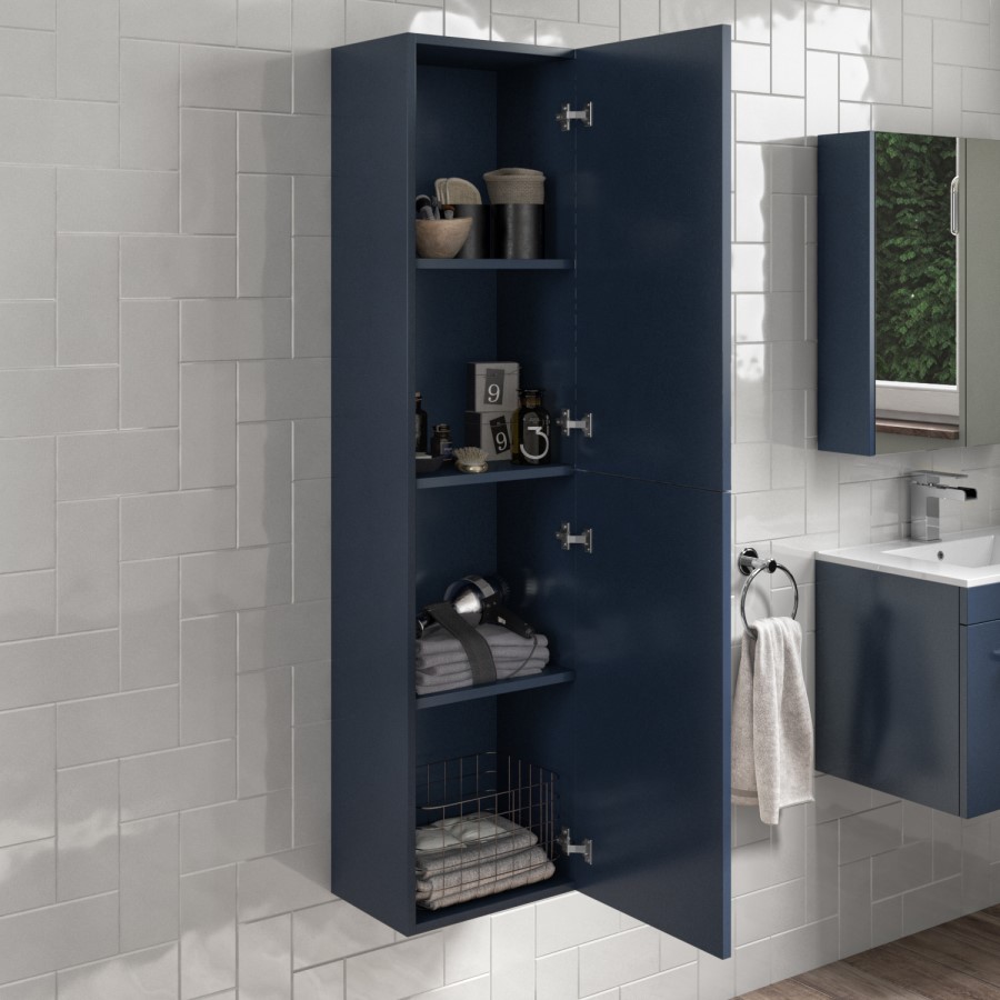 ALMOST PERFECT - Double Door Blue Wall Mounted Tall Bathroom Cabinet with Chrome Handles 350 x 1400mm - Ashford