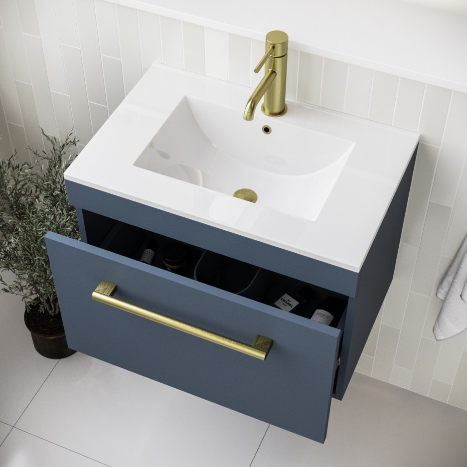 600mm Blue Wall Hung Vanity Unit with Basin and Brushed Brass Handle