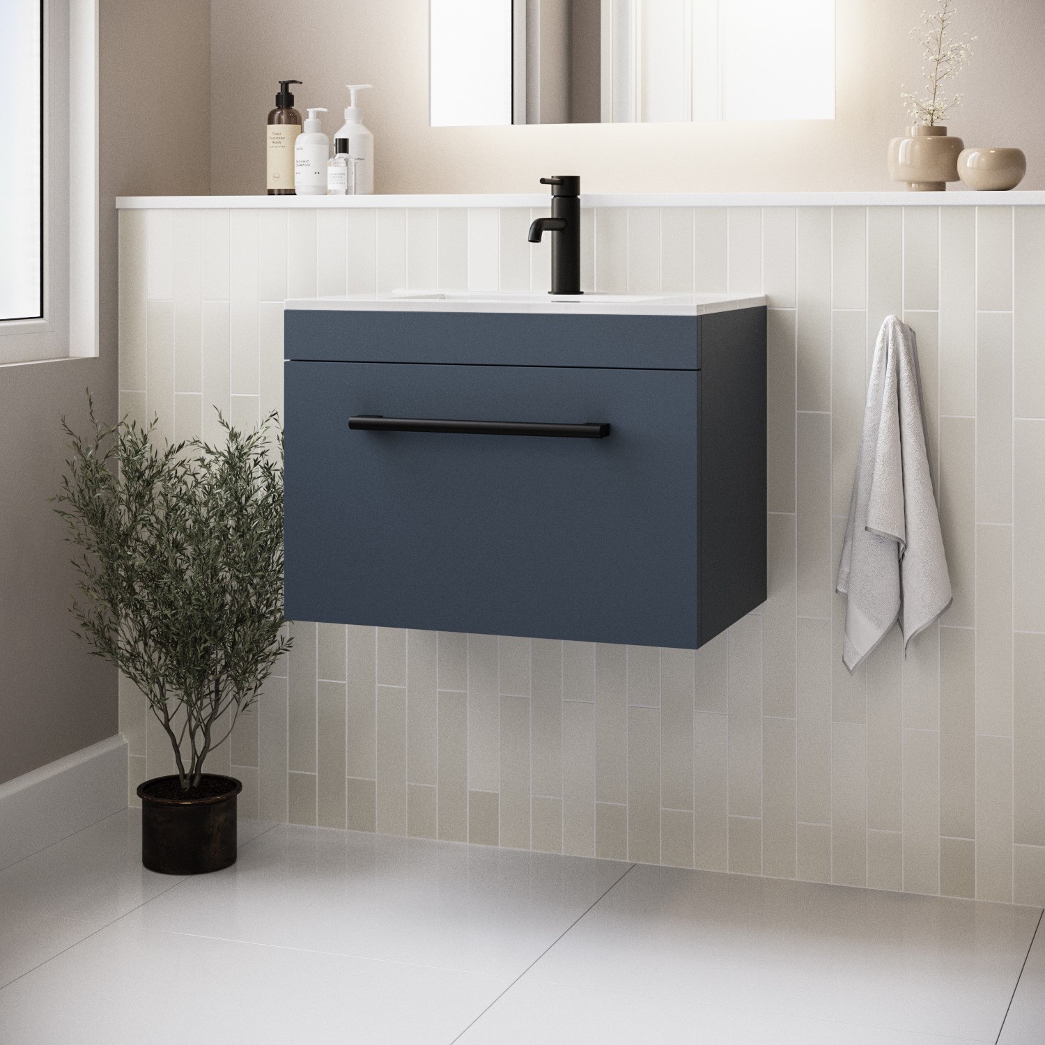 Ashford Blue 600Mm Wall Hung Vanity Unit With Basin And Black Handle