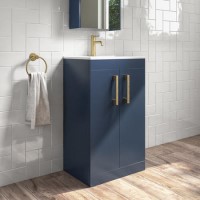 Grade A1 - 500mm Blue Freestanding Vanity Unit with Basin and Brushed Brass Handle - Ashford
