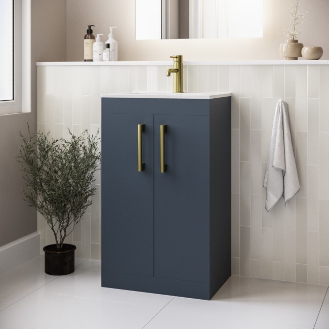 Grade A1 - 500mm Blue Freestanding Vanity Unit with Basin and Brushed Brass Handle - Ashford