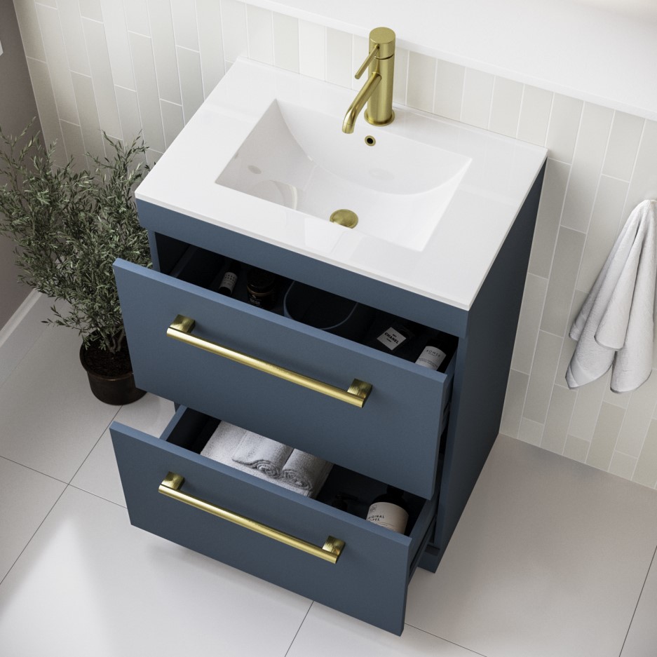 600mm Freestanding Blue Vanity Unit with Basin and Brushed Brass Handle Ashford Better Bathrooms