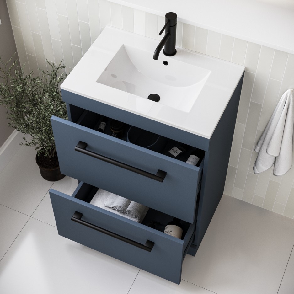 600mm Freestanding Blue Vanity Unit with Basin with Black Handle