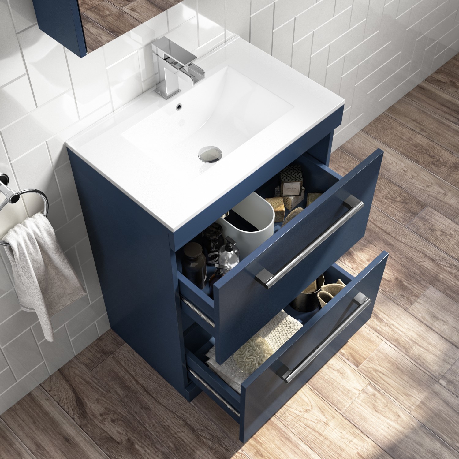 600mm Blue Freestanding Vanity Unit with Basin and Chrome Handle