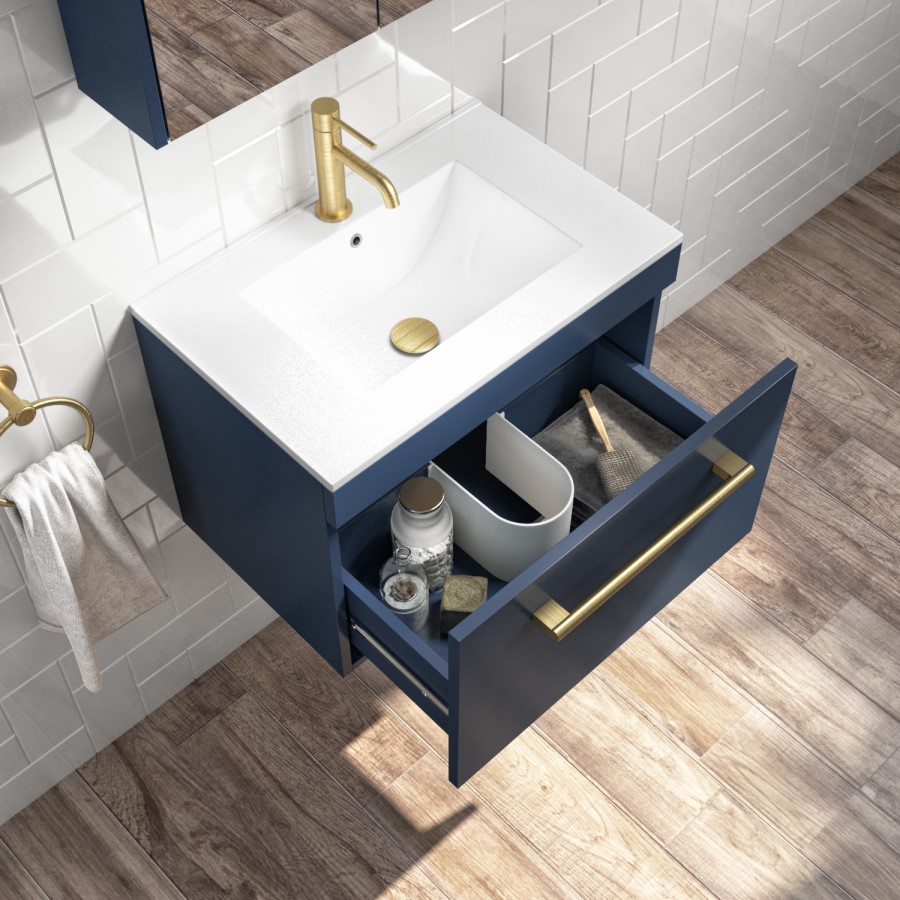 ONLY OPENED - 800mm Blue Wall Hung Vanity Unit with Basin and Brushed Brass Handle - Ashford